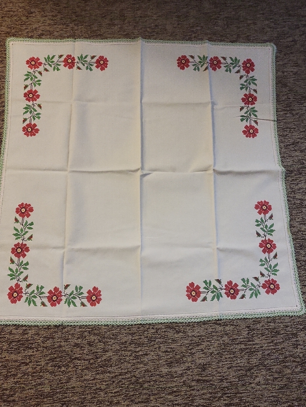 Embroidered White Tablecloth with Red Floral Corners